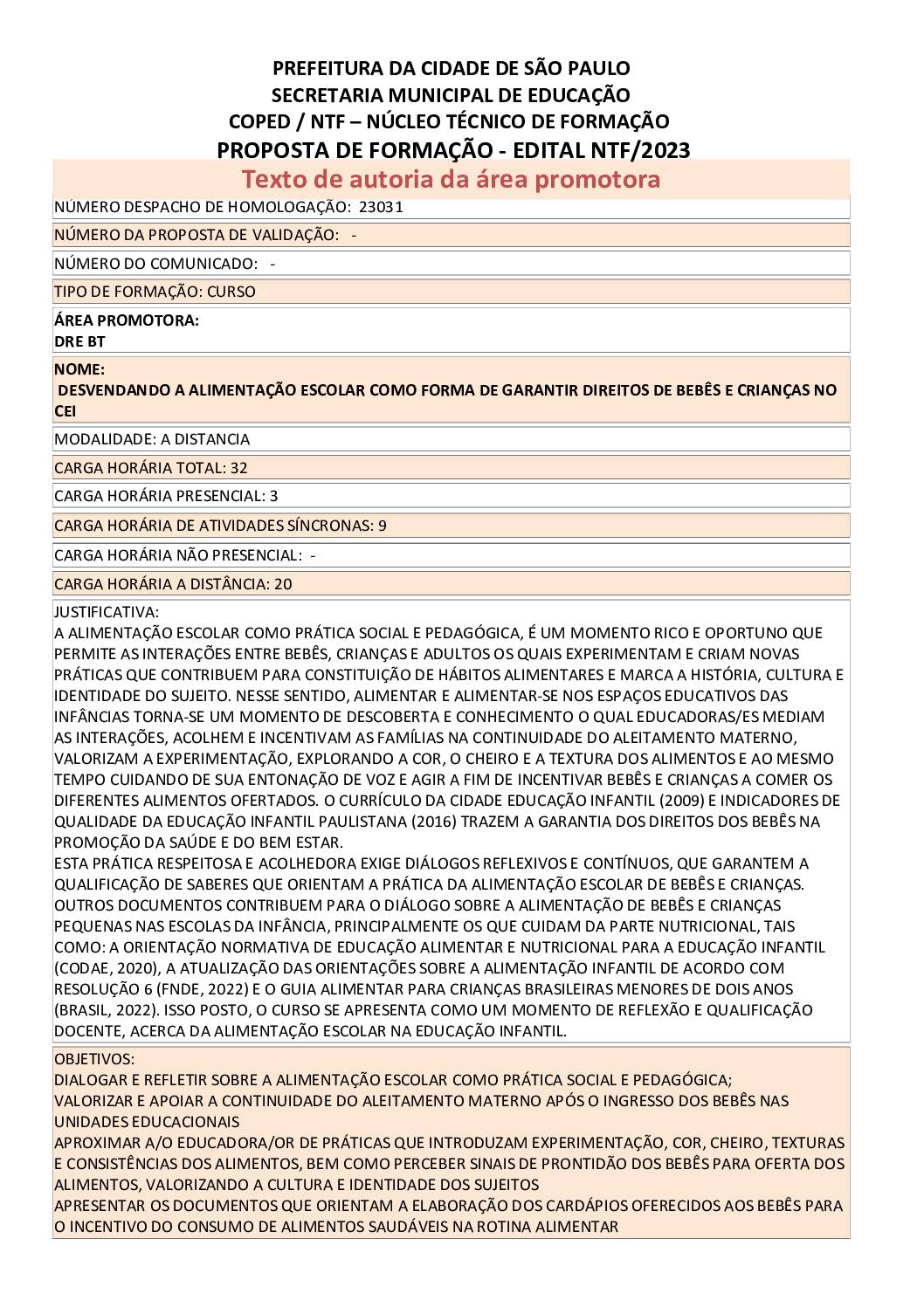 PROPOSTA FORMATIVA HOMOLOGADA PELA SME.