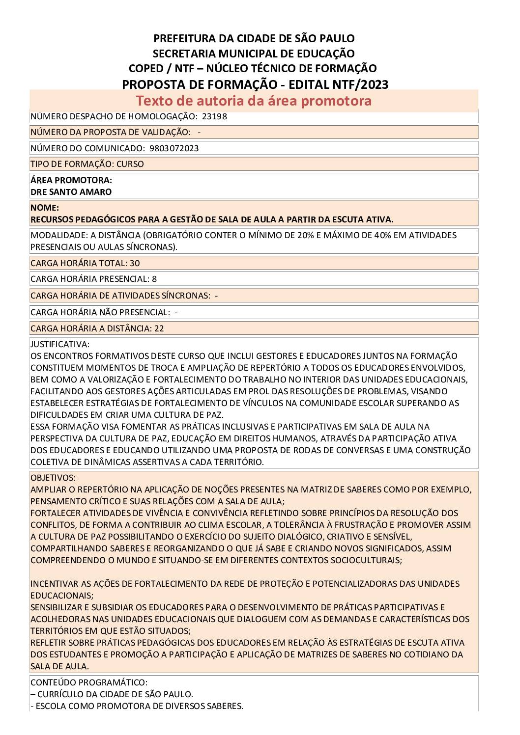 PROPOSTA FORMATIVA HOMOLOGADA PELA SME.