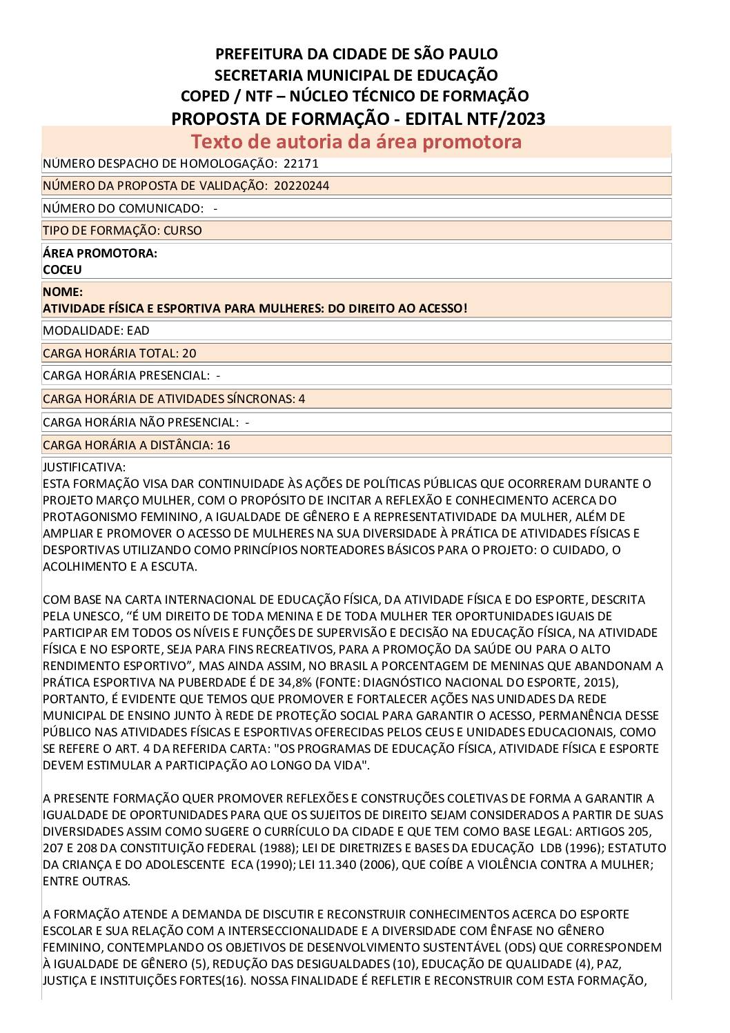 Proposta formativa homologada pela SME.
