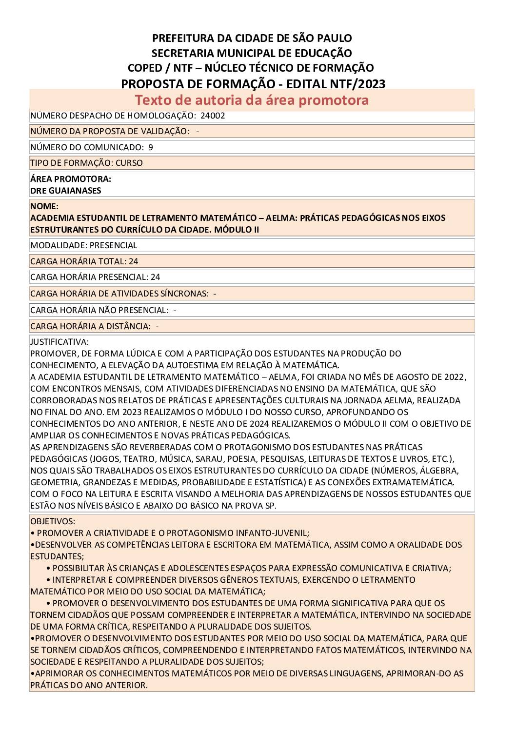 PROPOSTA FORMATIVA HOMOLOGADA PELA SME.