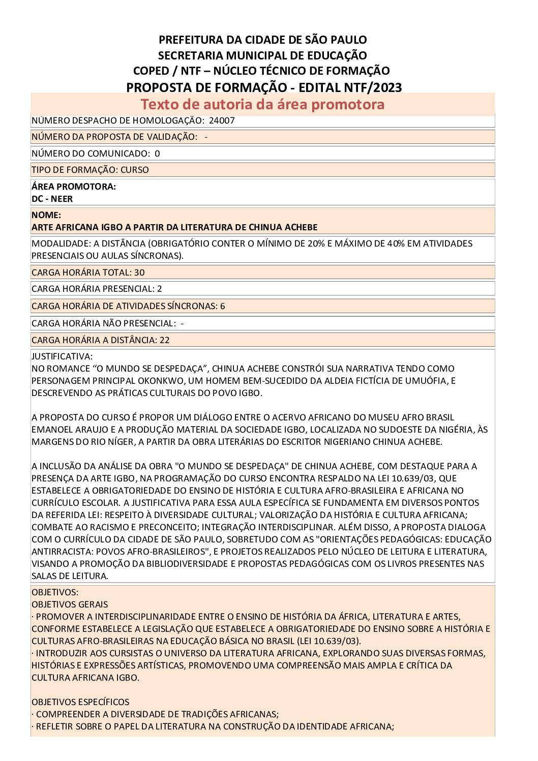 PROPOSTA FORMATIVA HOMOLOGADA PELA SME.