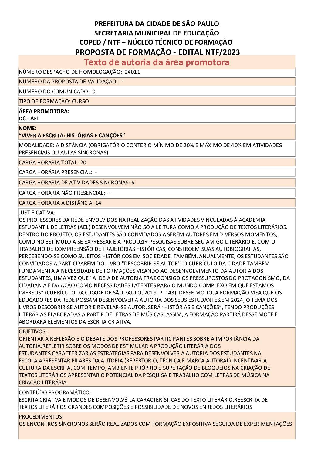 PROPOSTA FORMATIVA HOMOLOGADA PELA SME.