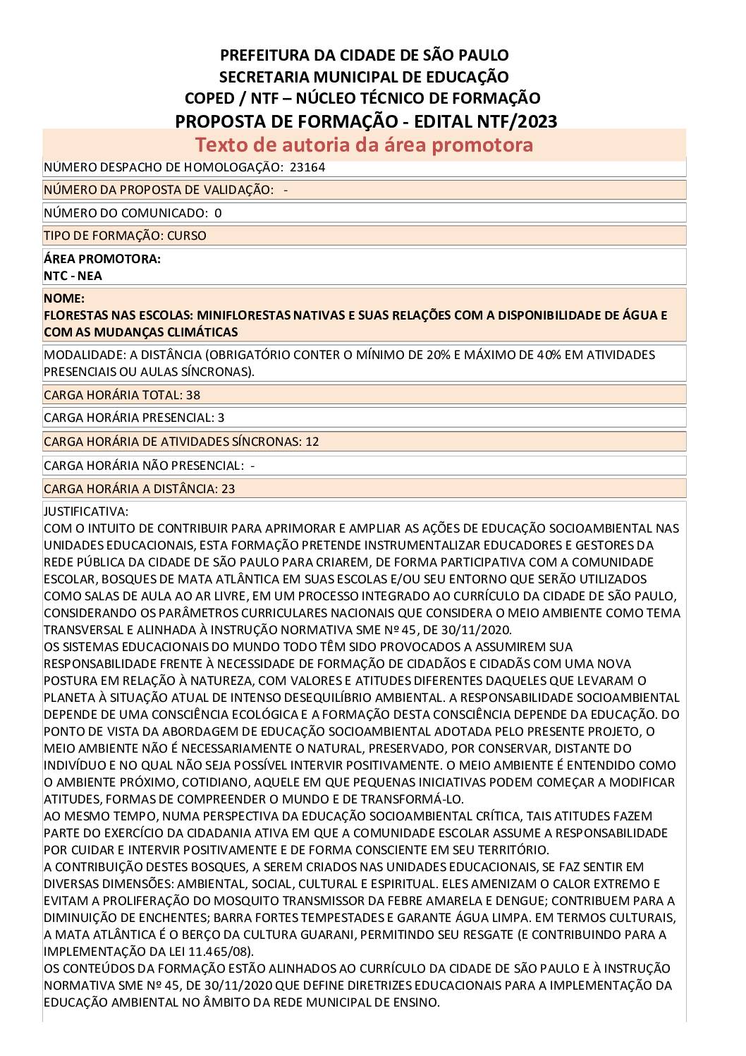 PROPOSTA FORMATIVA HOMOLOGADA PELA SME.