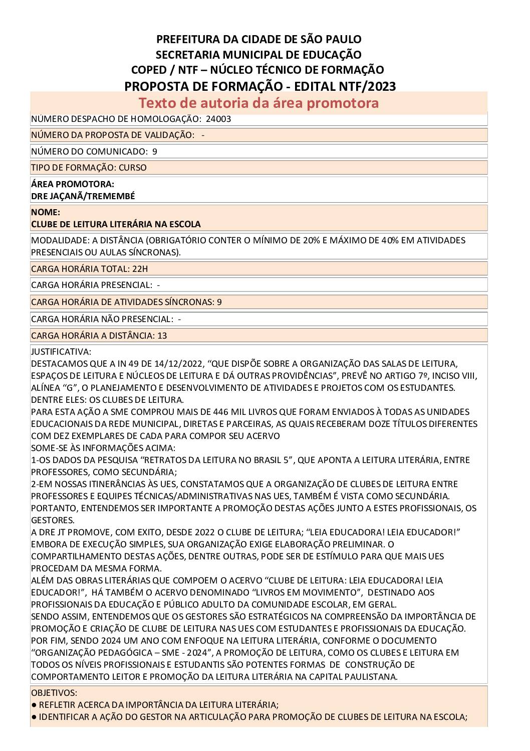 PROPOSTA FORMATIVA HOMOLOGADA PELA SME.