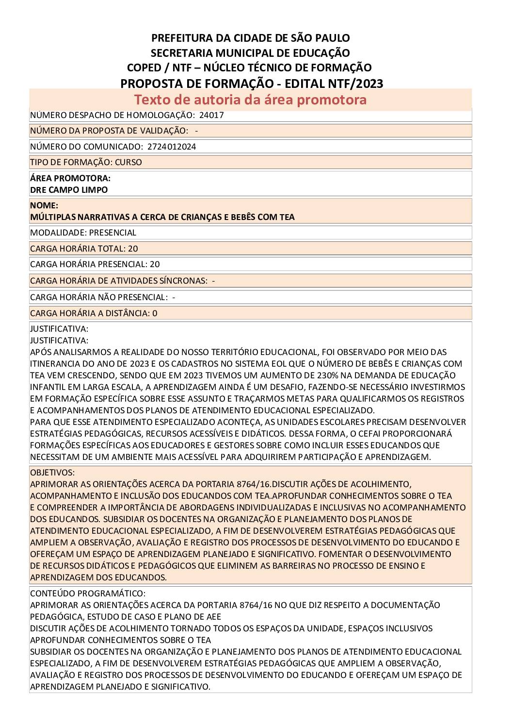 PROPOSTA FORMATIVA HOMOLOGADA PELA SME.