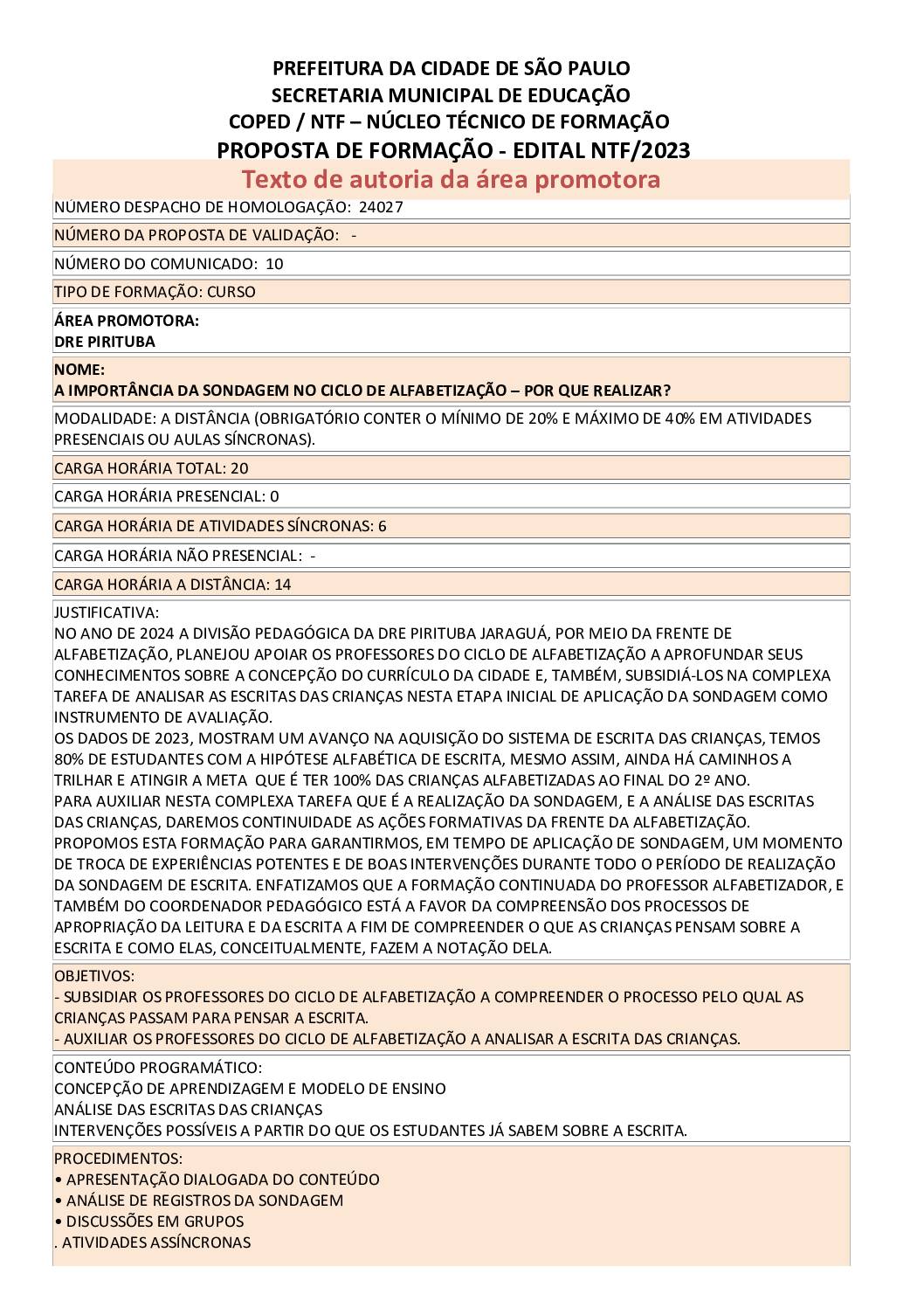 PROPOSTA FORMATIVA HOMOLOGADA PELA SME.