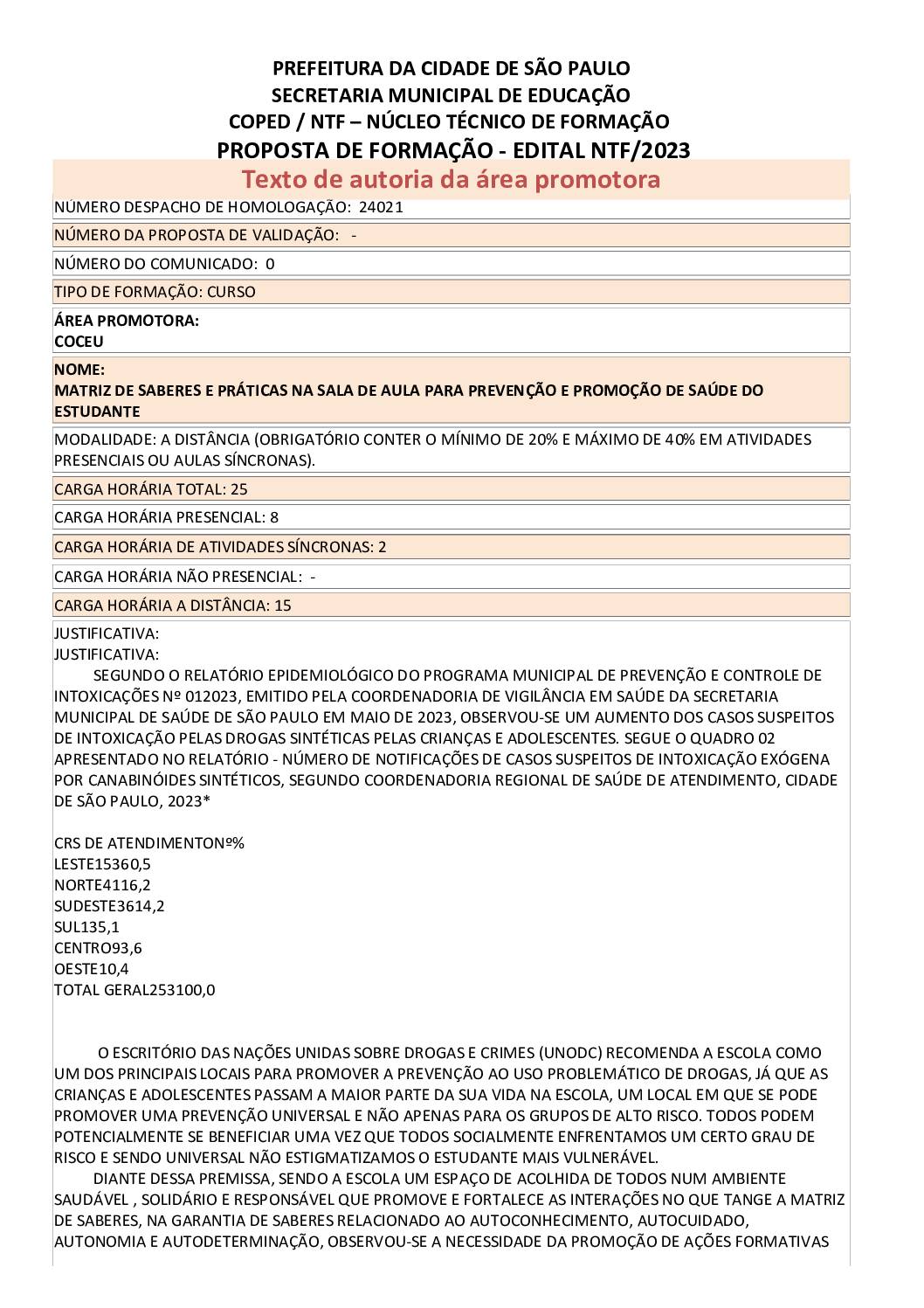 PROPOSTA FORMATIVA HOMOLOGADA PELA SME.