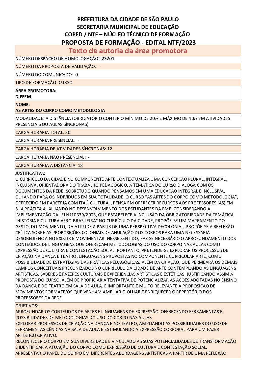 PROPOSTA FORMATIVA HOMOLOGADA PELA SME.