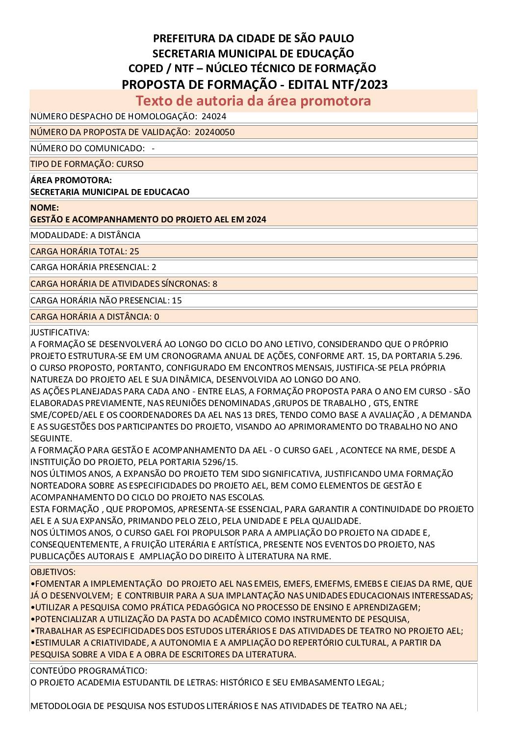 PROPOSTA FORMATIVA HOMOLOGADA PELA SME.