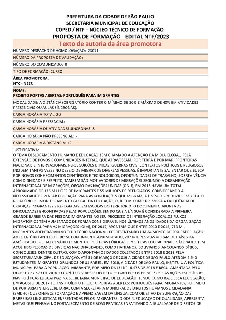 PDF com informações sobre o curso: PROJETO PORTAS ABERTAS: PORTUGUÊS PARA IMIGRANTES