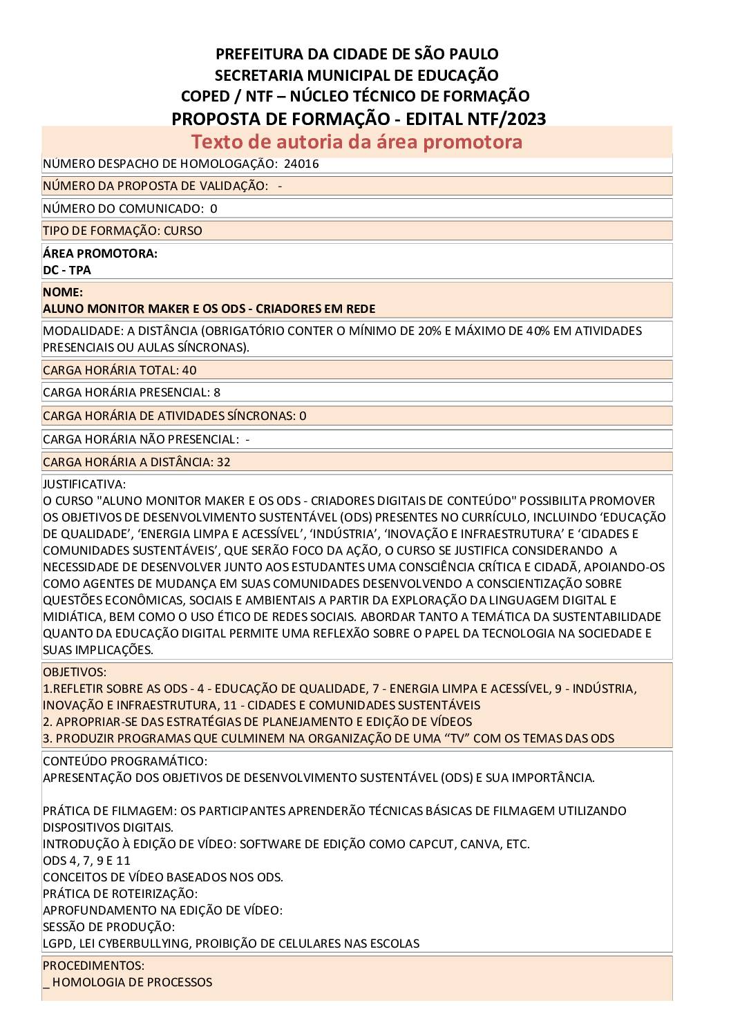 PROPOSTA FORMATIVA HOMOLOGADA PELA SME.