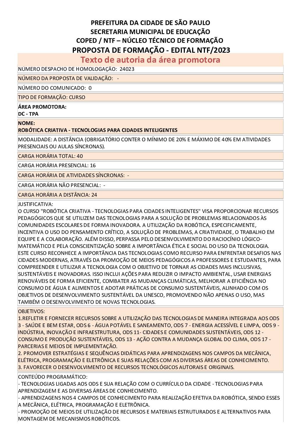 PROPOSTA FORMATIVA HOMOLOGADA PELA SME.