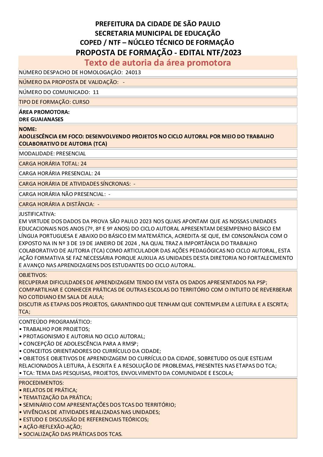 Proposta Formativa Homologada pela SME