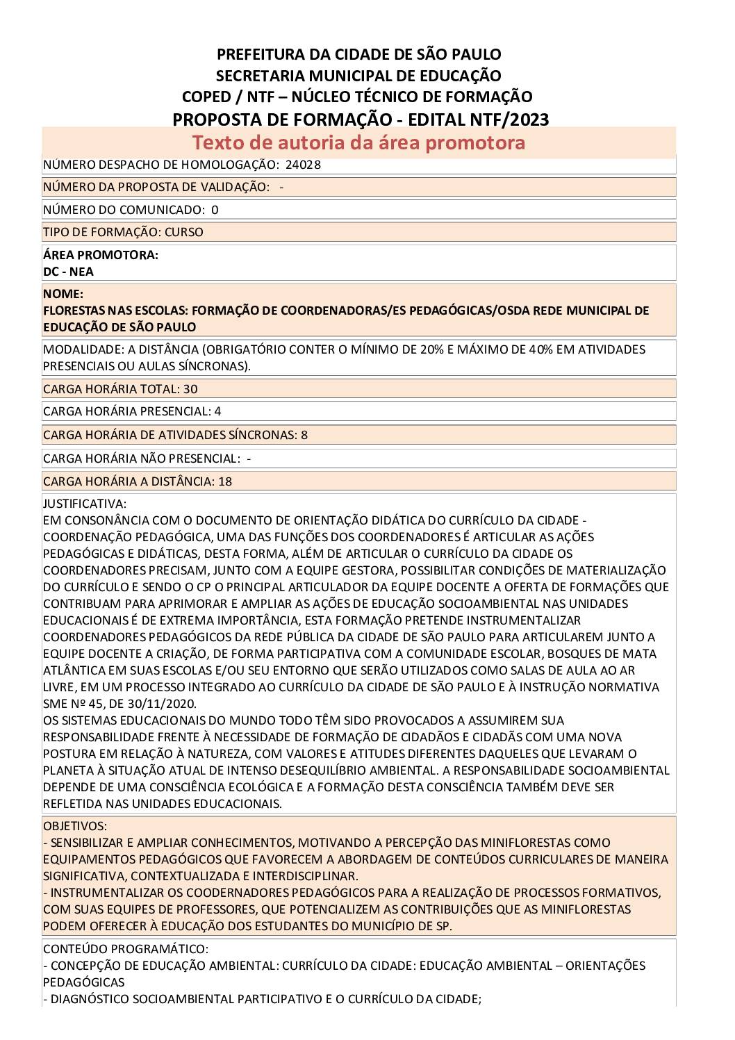 Proposta Formativa Homologada pela SME