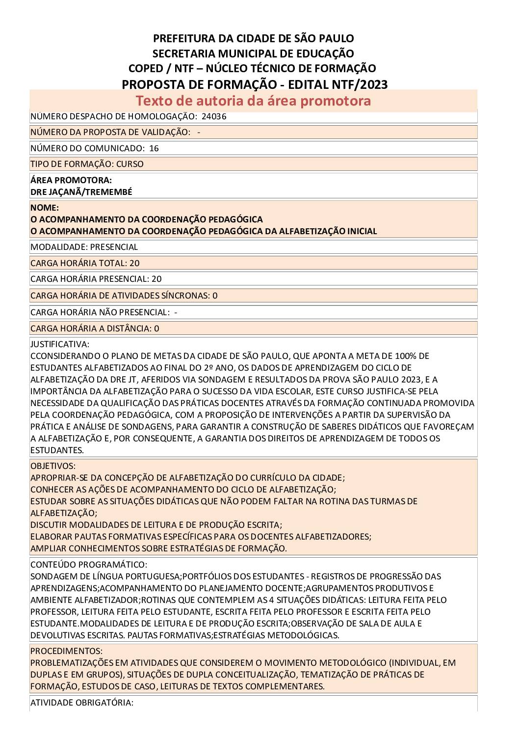 Proposta Formativa Homologada pela SME