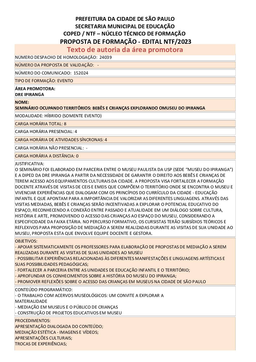 Proposta Formativa Homologada pela SME