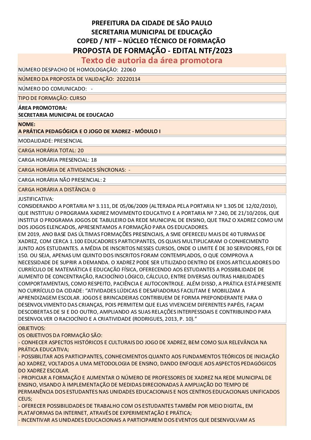 PROPOSTA FORMATIVA HOMOLOGADA PELA SME.