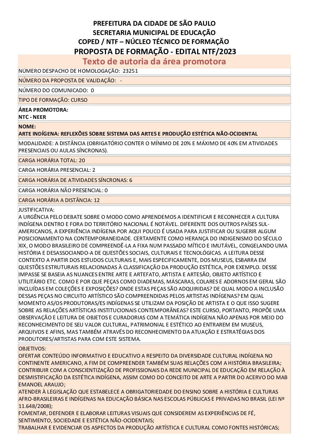 PROPOSTA FORMATIVA HOMOLOGADA PELA SME.