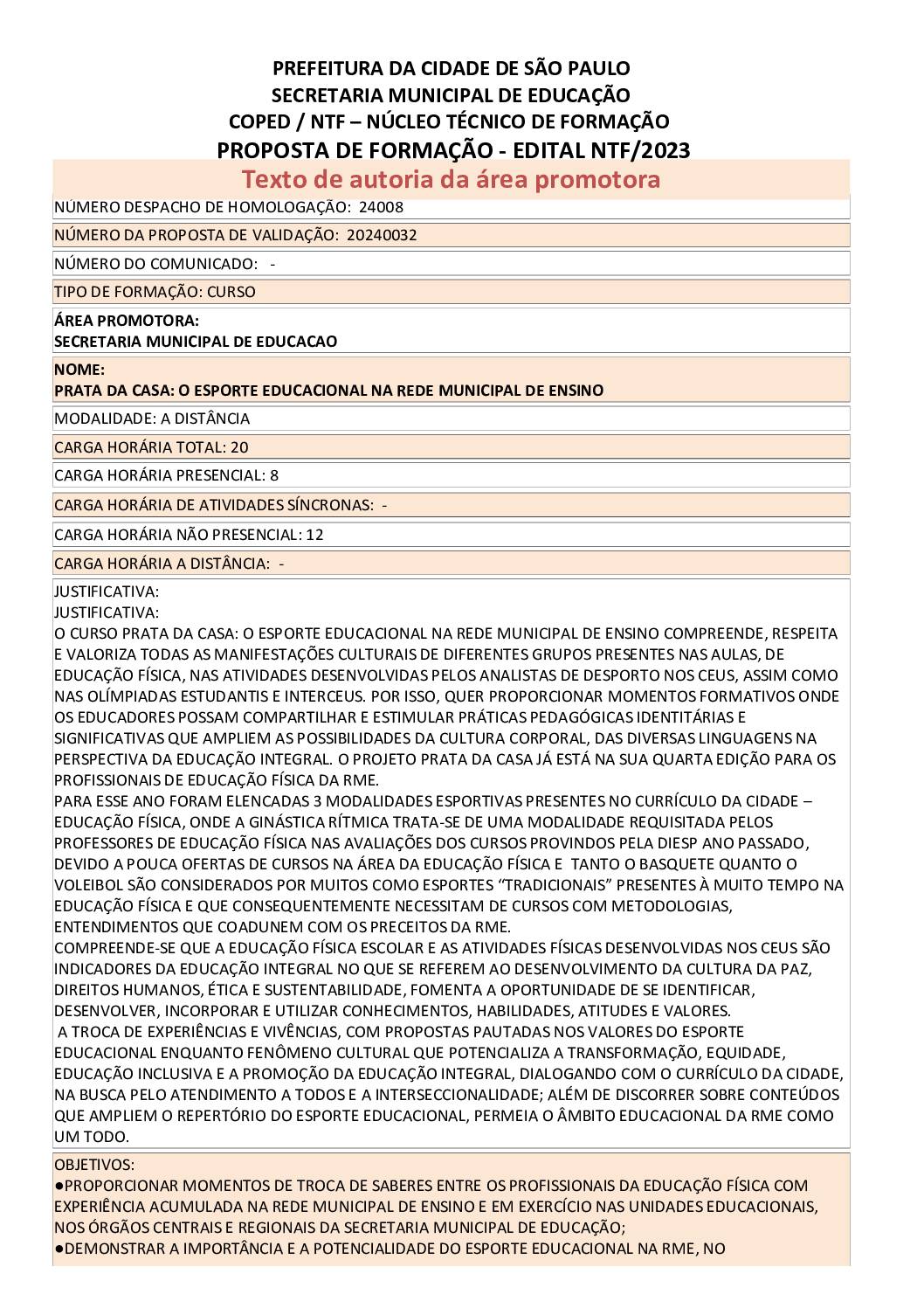 Proposta Formativa Homologada pela SME