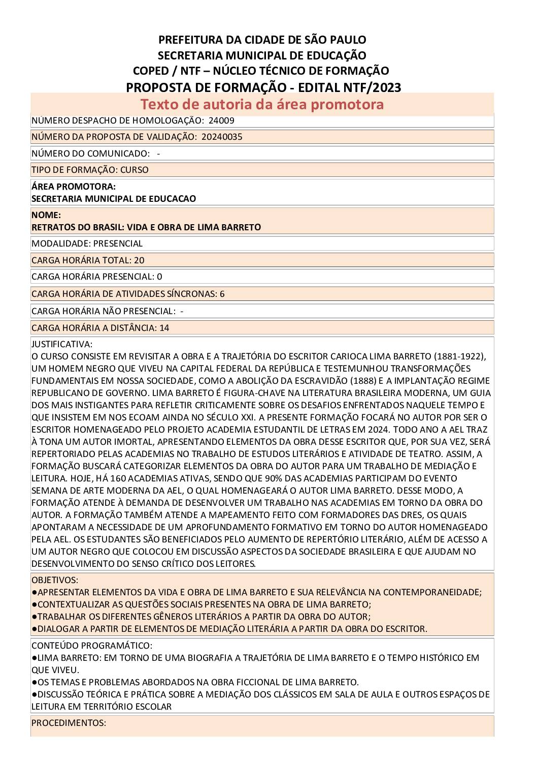 Proposta Formativa Homologada pela SME