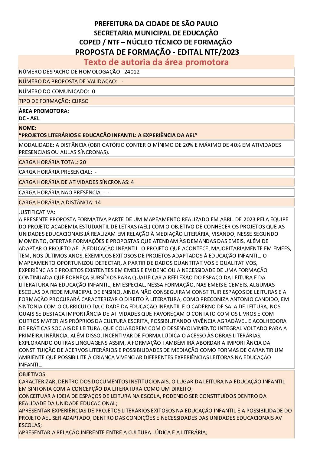 PROPOSTA FORMATIVA HOMOLOGADA PELA SME.