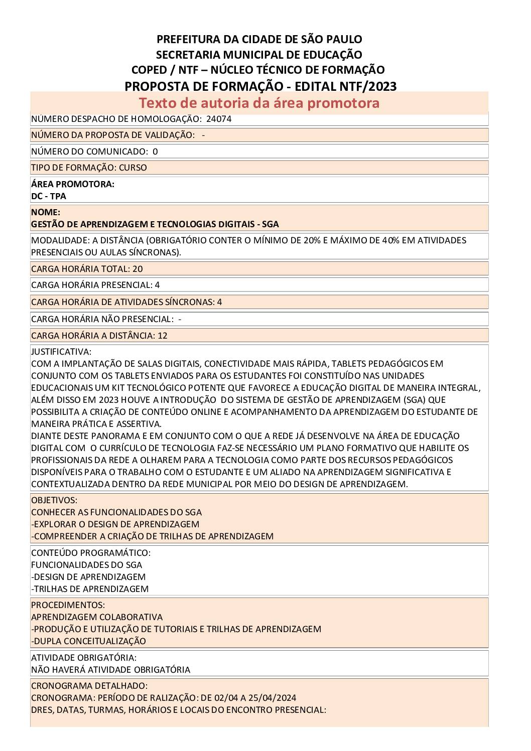Proposta Formativa Homologada pela SME