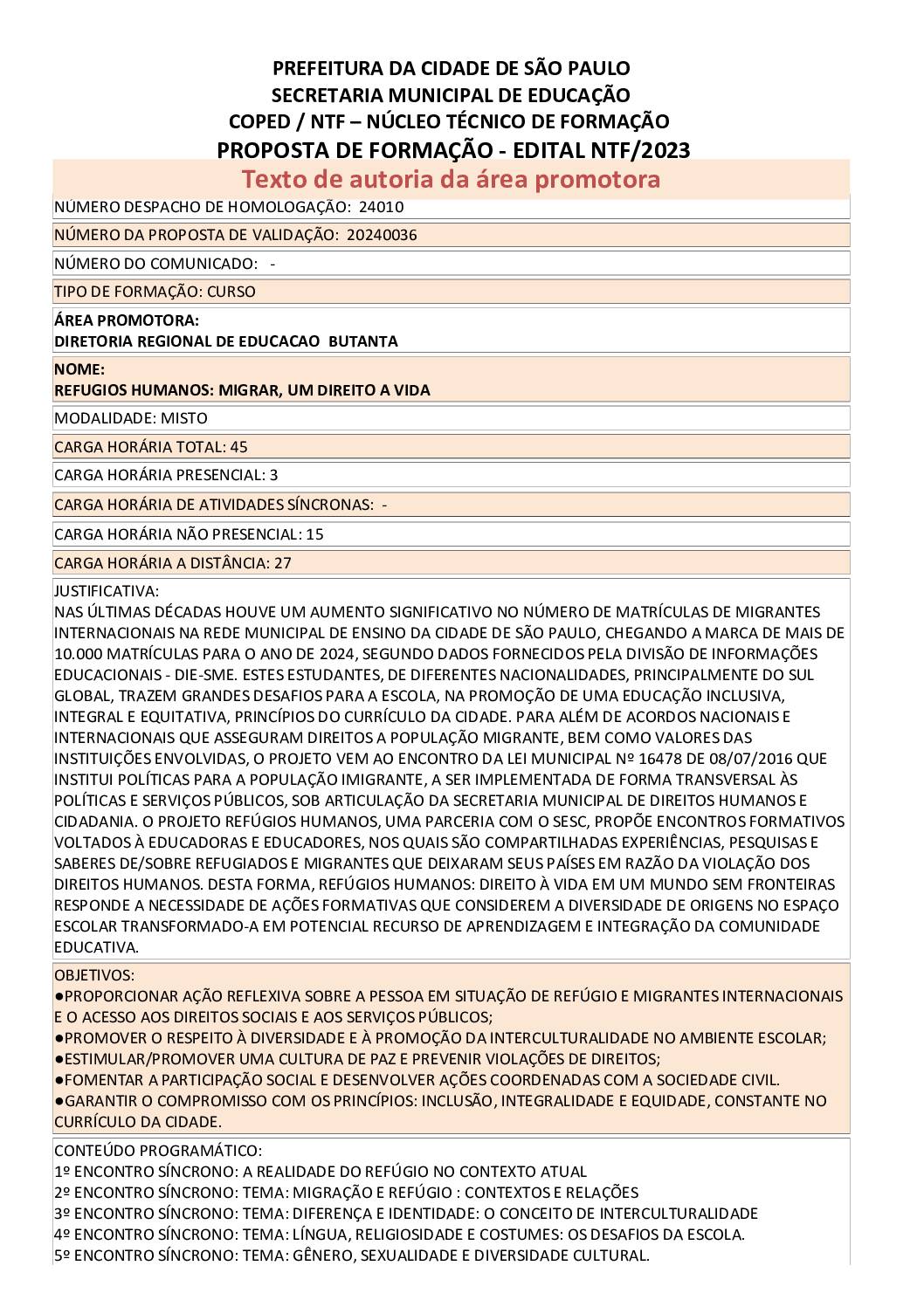 Proposta Formativa Homologada pela SME