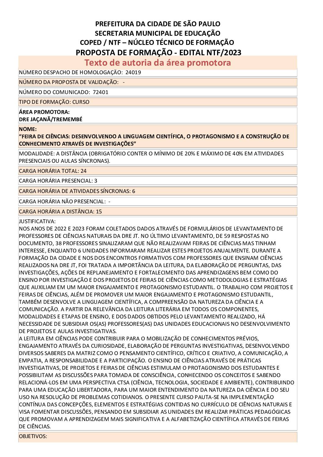 Proposta Formativa Homologada pela SME