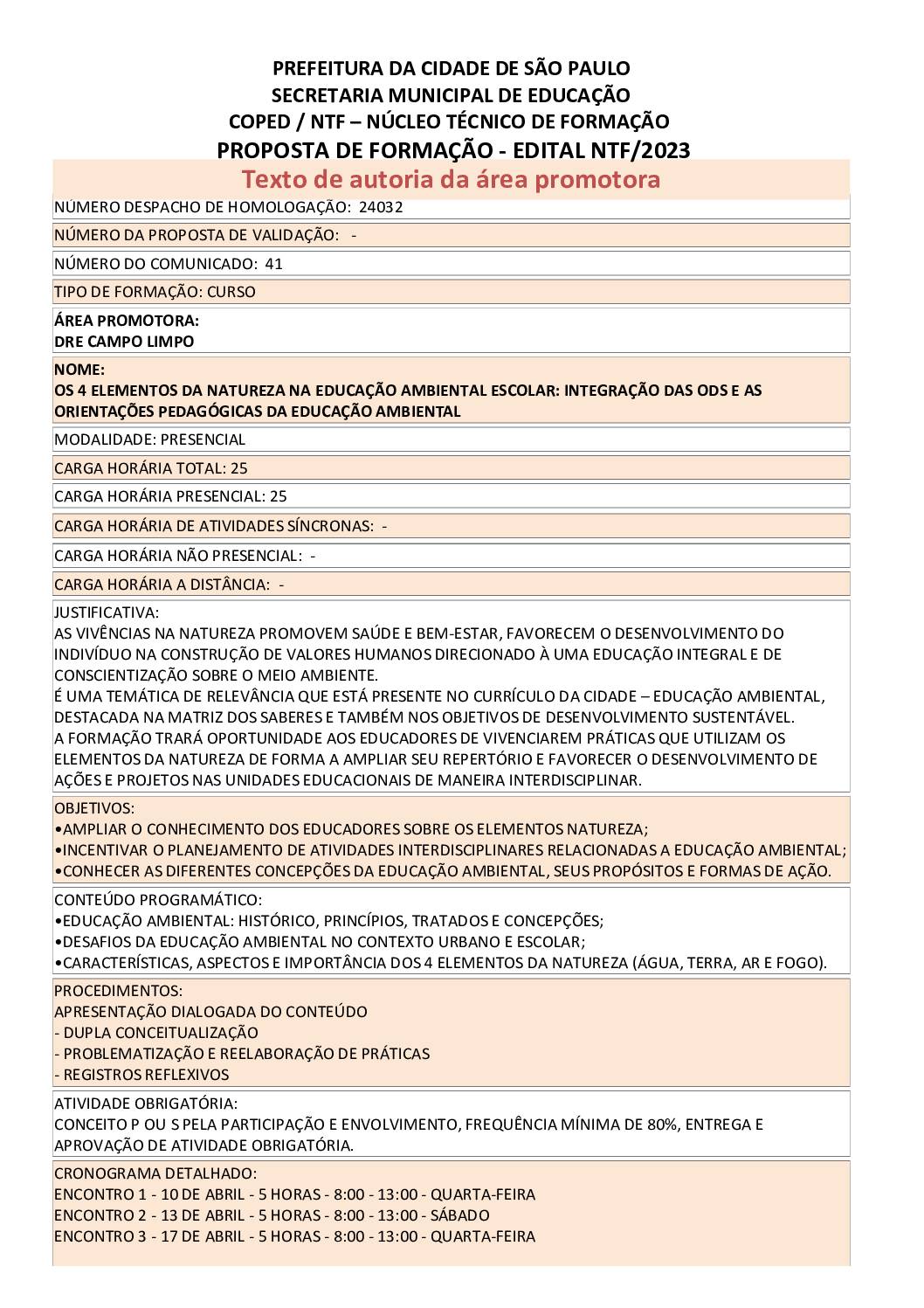 PROPOSTA FORMATIVA HOMOLOGADA PELA SME.