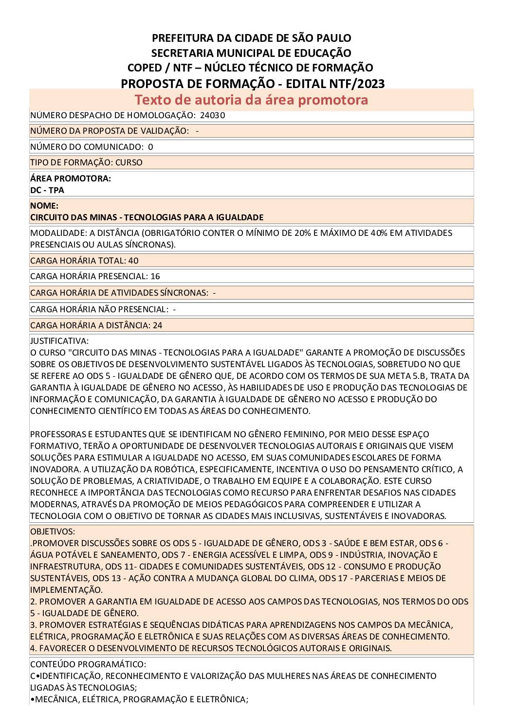 PROPOSTA FORMATIVA HOMOLOGADA PELA SME.