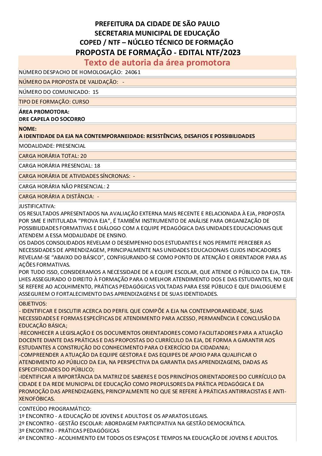 Proposta Formativa Homologada pela SME