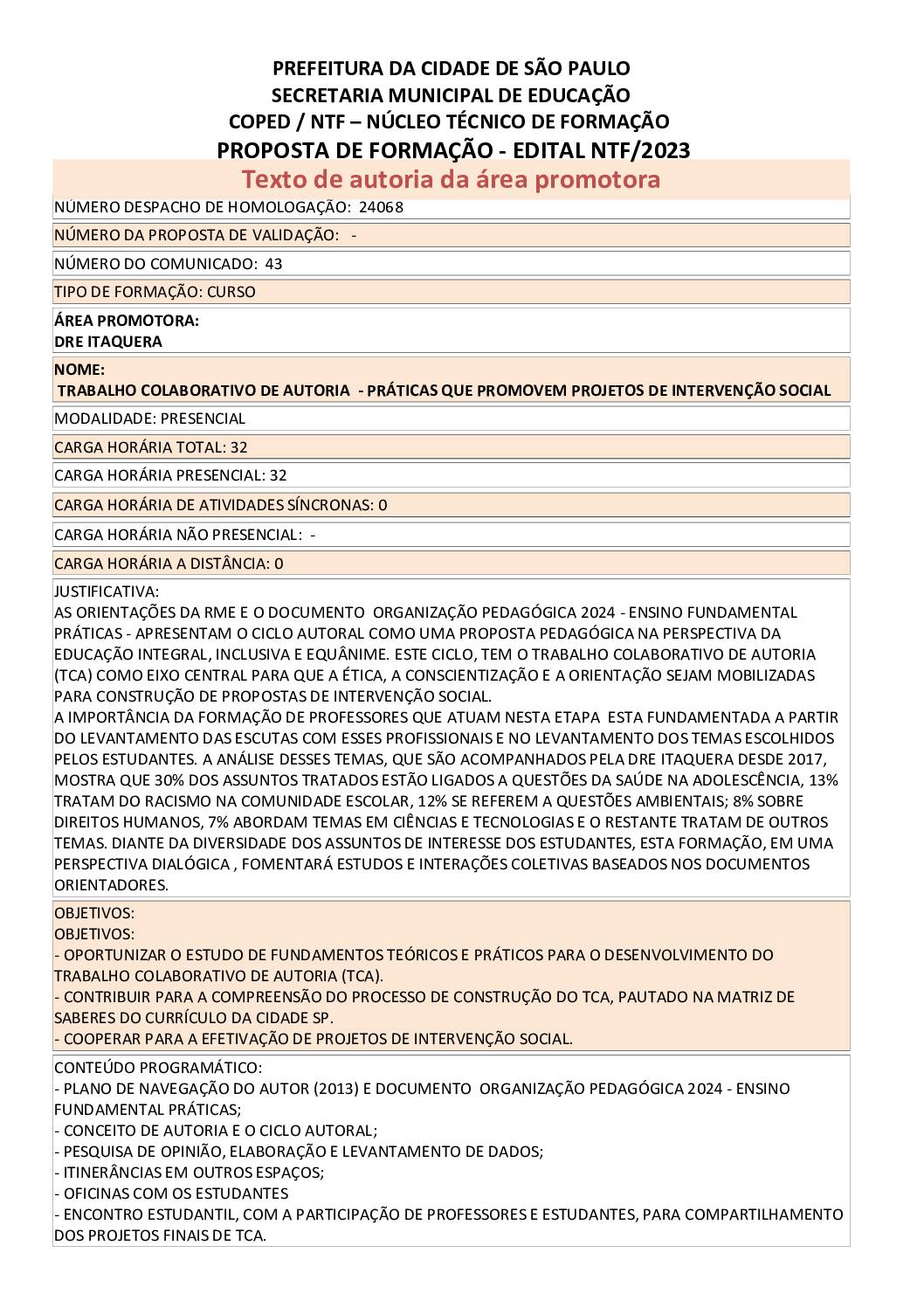 PROPOSTA FORMATIVA HOMOLOGADA PELA SME.