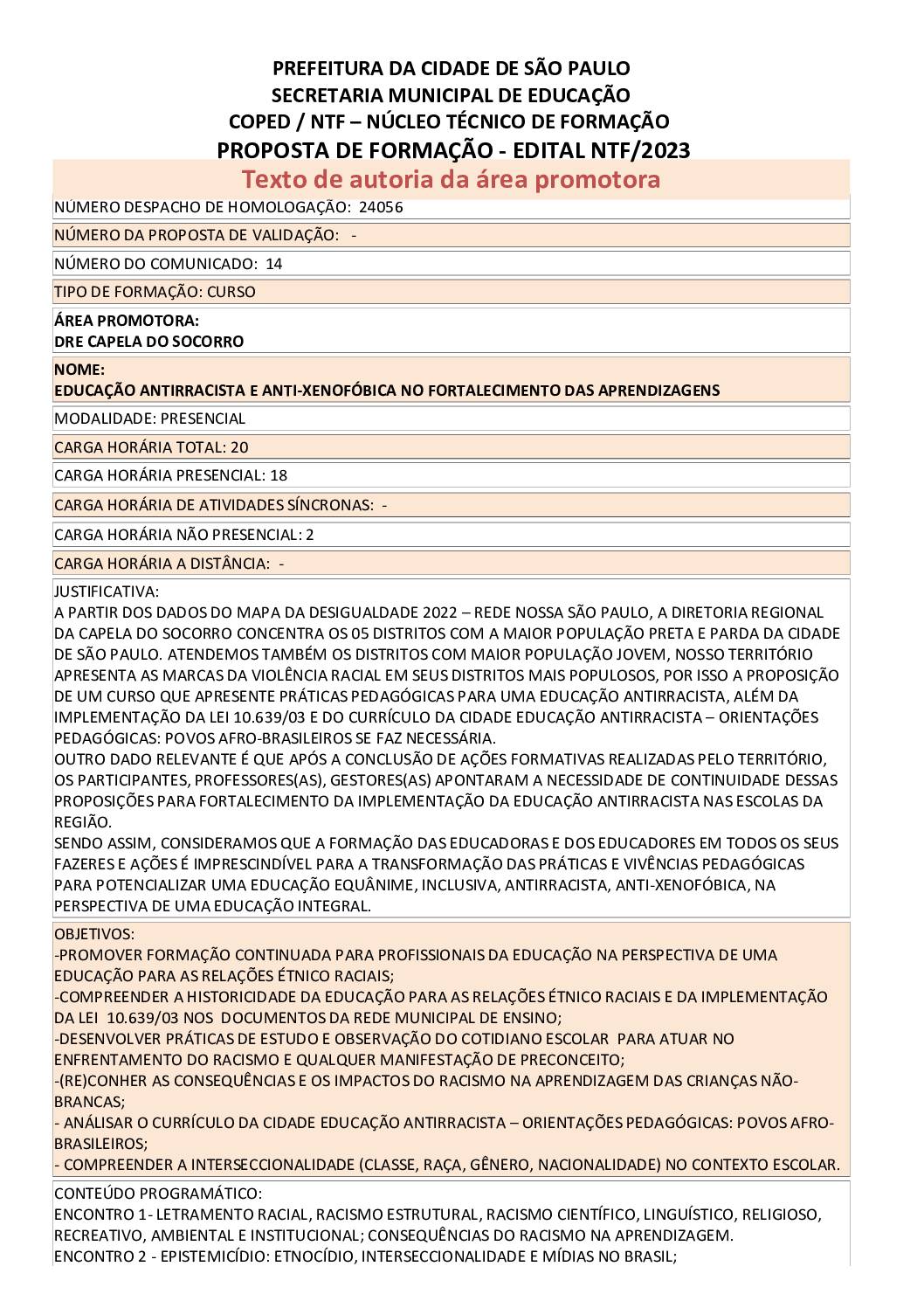 PROPOSTA FORMATIVA HOMOLOGADA PELA SME.
