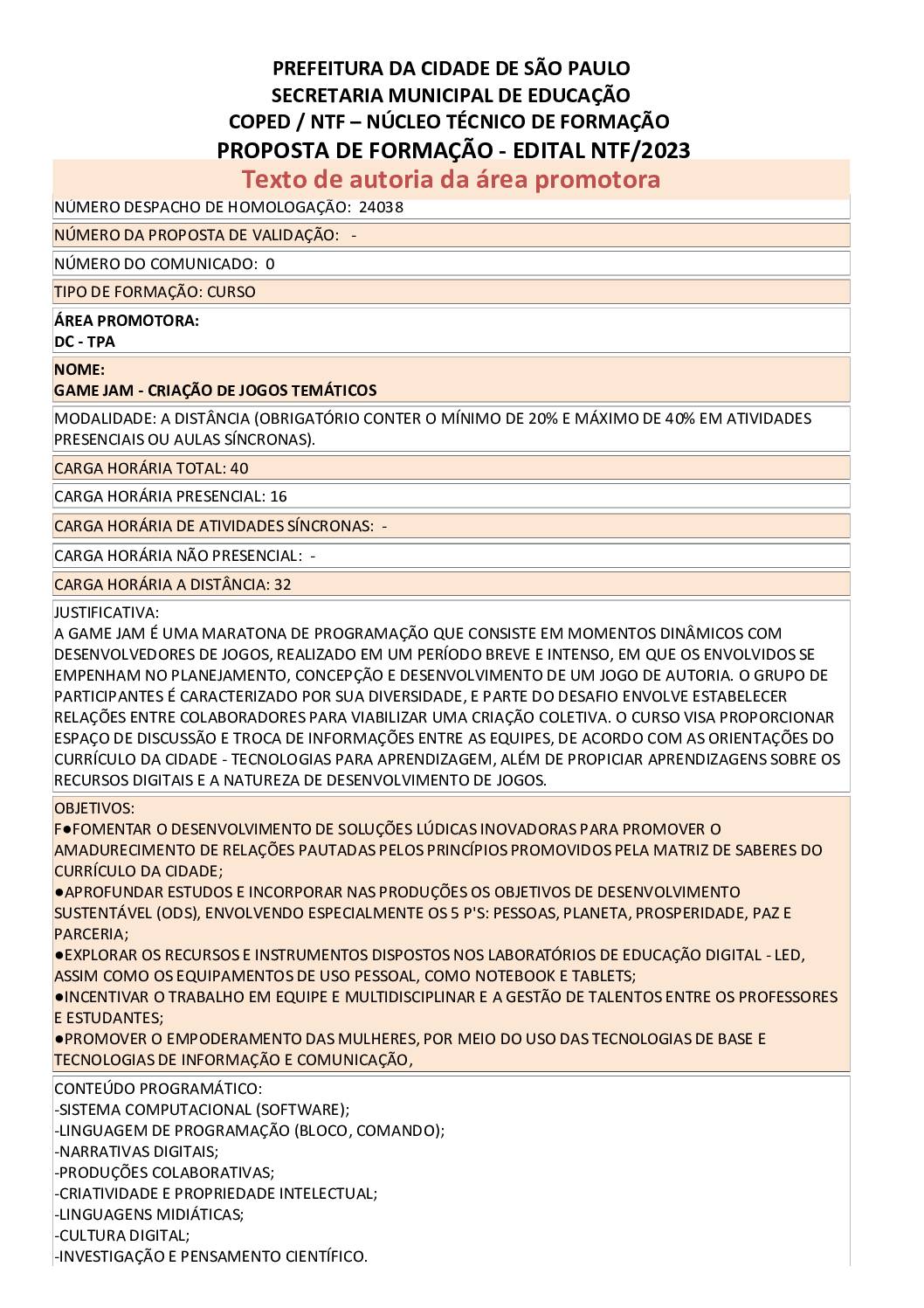 PROPOSTA FORMATIVA HOMOLOGADA PELA SME.