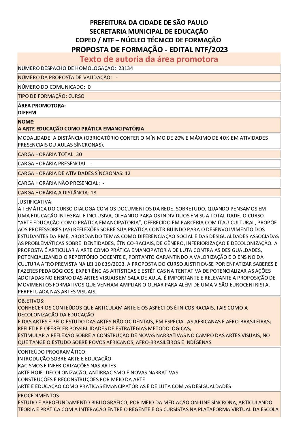 Proposta Formativa Homologada pela SME