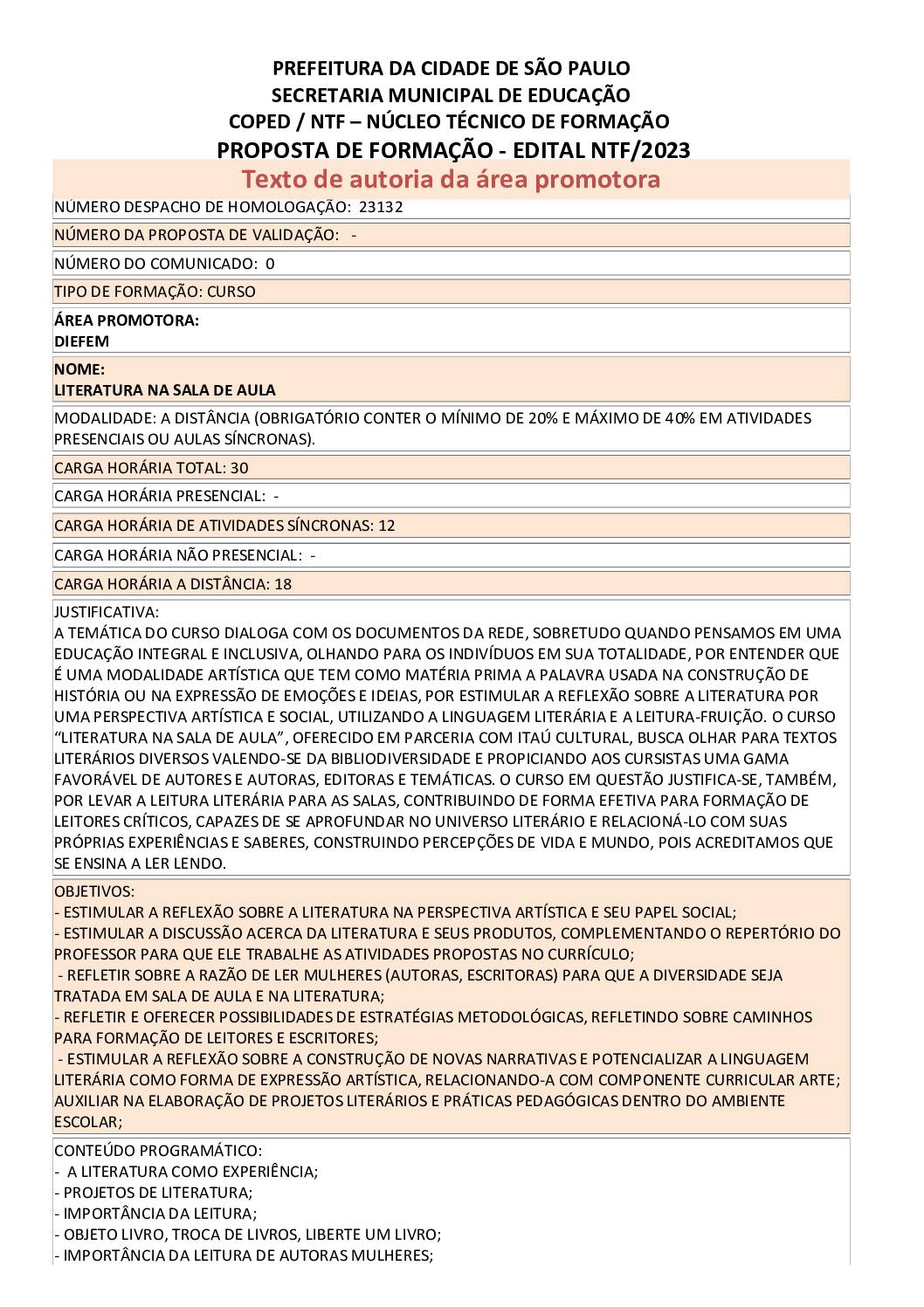 PROPOSTA FORMATIVA HOMOLOGADA PELA SME.