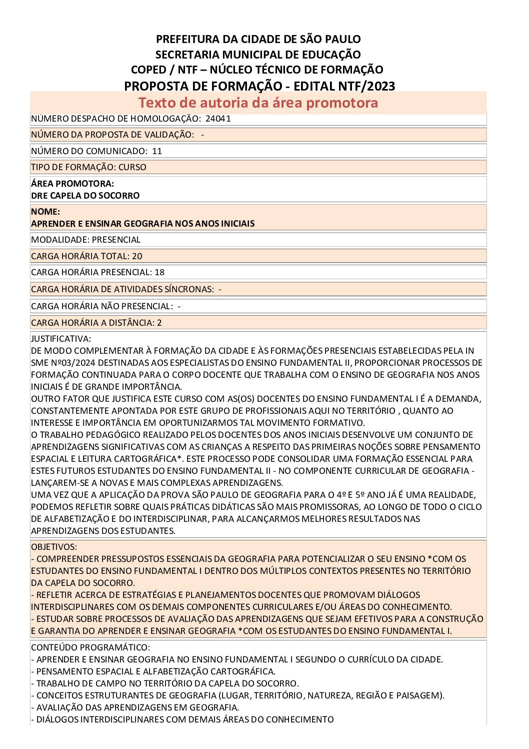 PROPOSTA FORMATIVA HOMOLOGADA PELA SME.