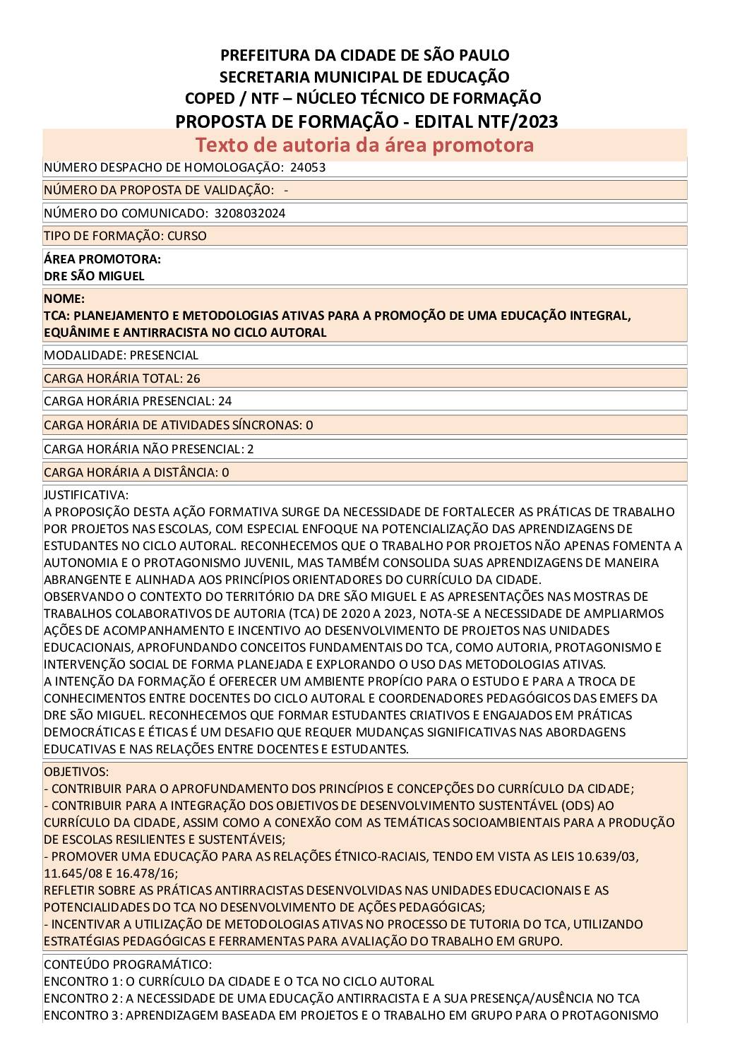 PROPOSTA FORMATIVA HOMOLOGADA PELA SME.