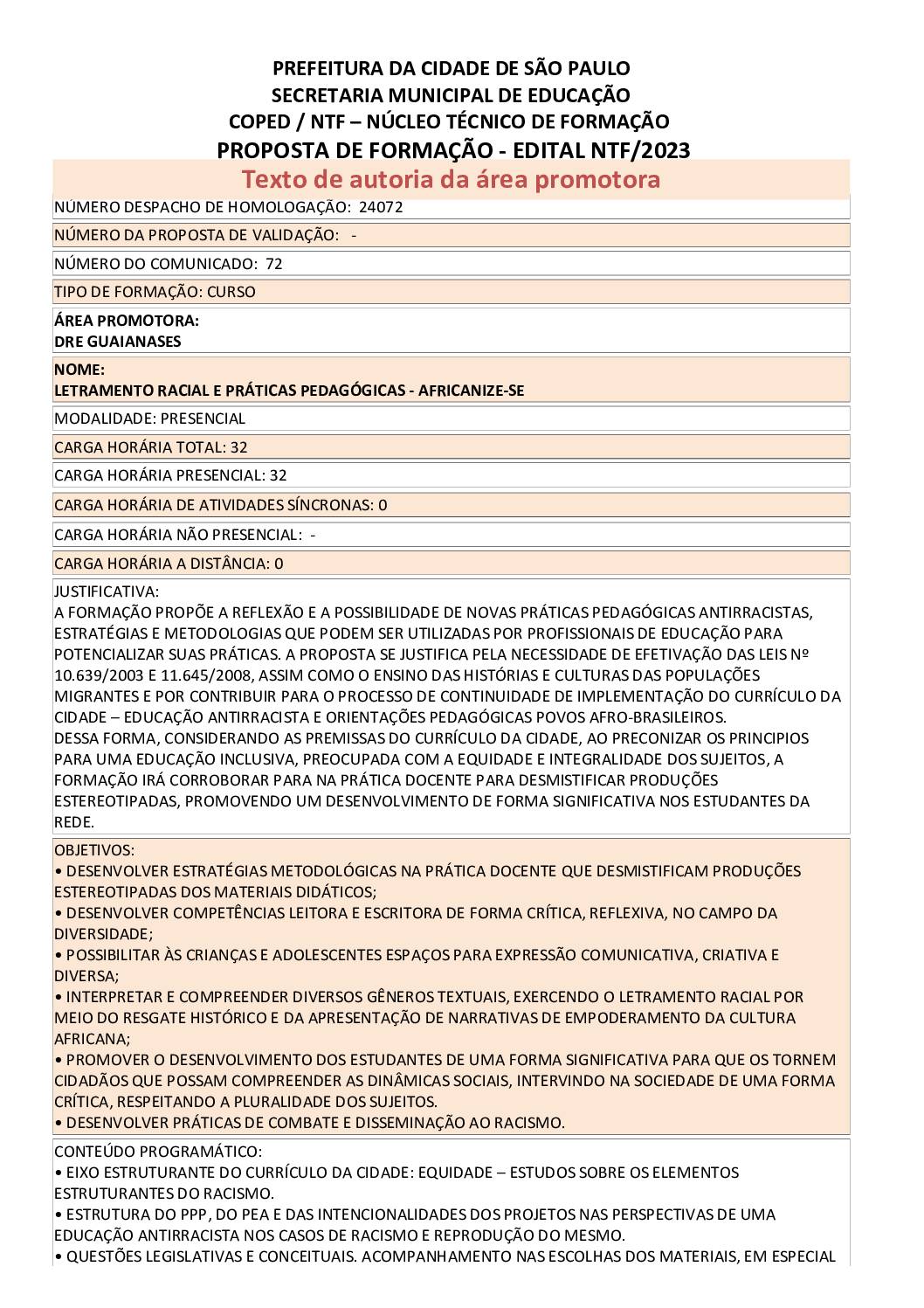 Proposta Formativa Homologada  pela SME