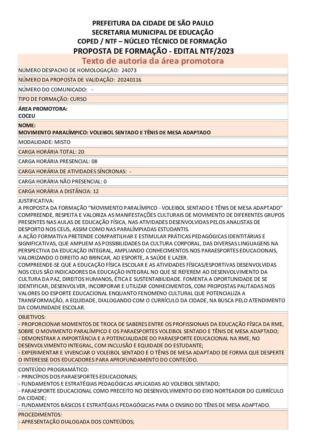 Proposta Formativa Homologada pela SME