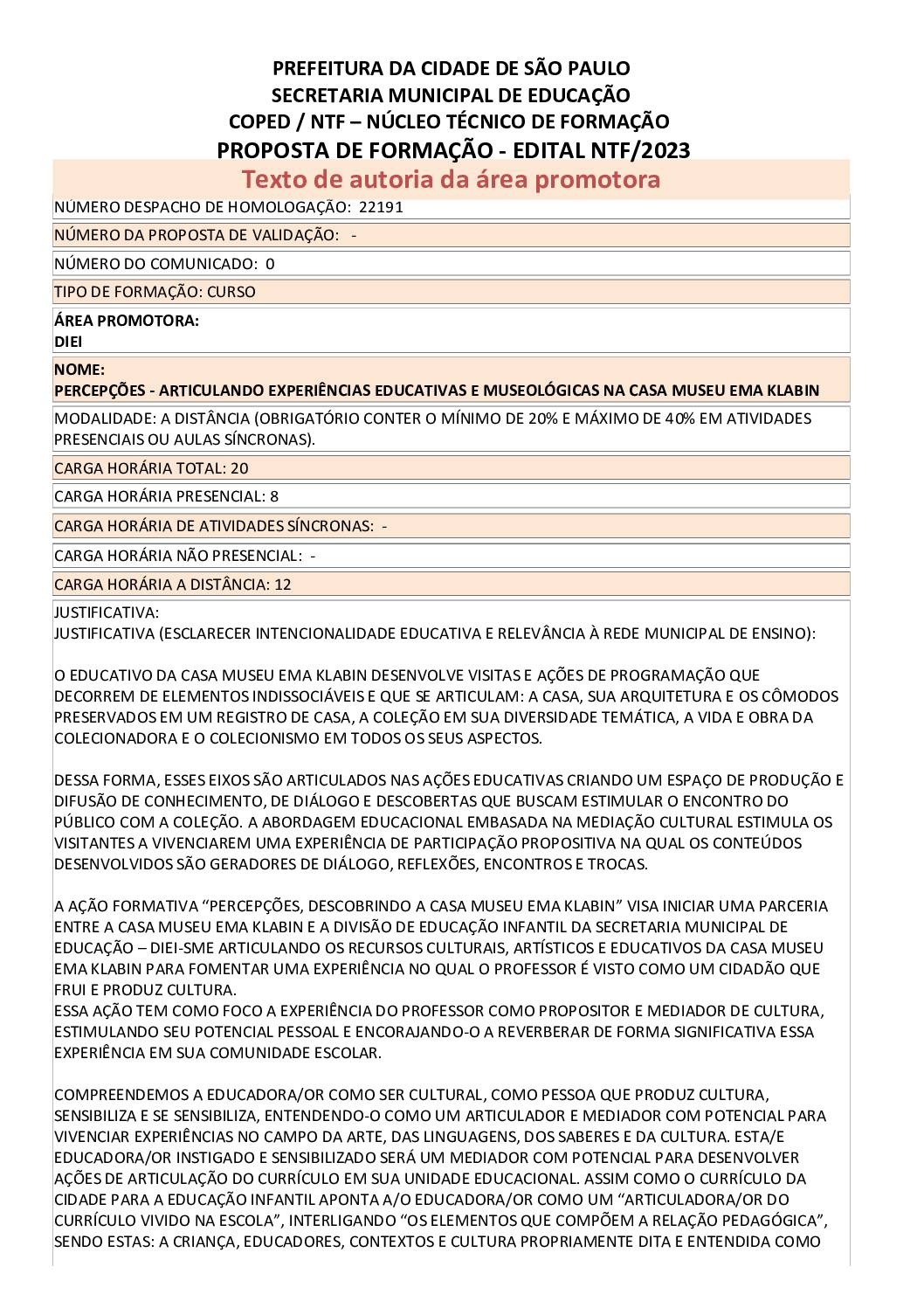 Proposta Formativa Homologada pela SME
