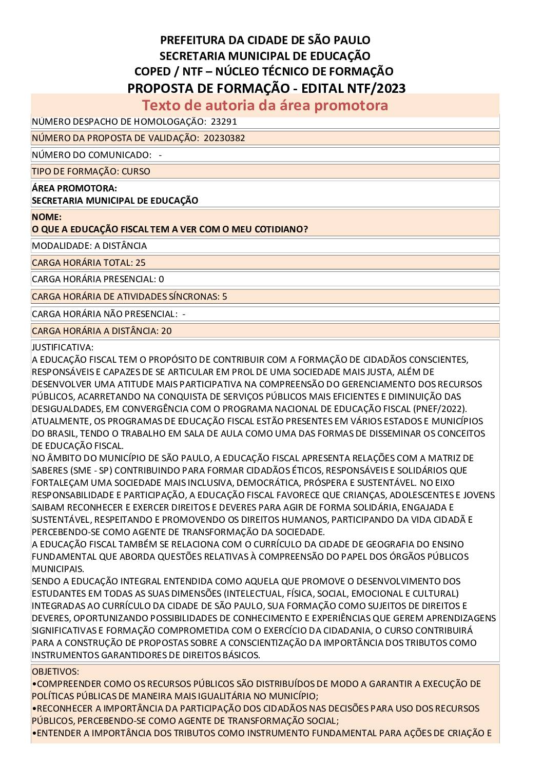 Proposta Formativa Homologada pela SME