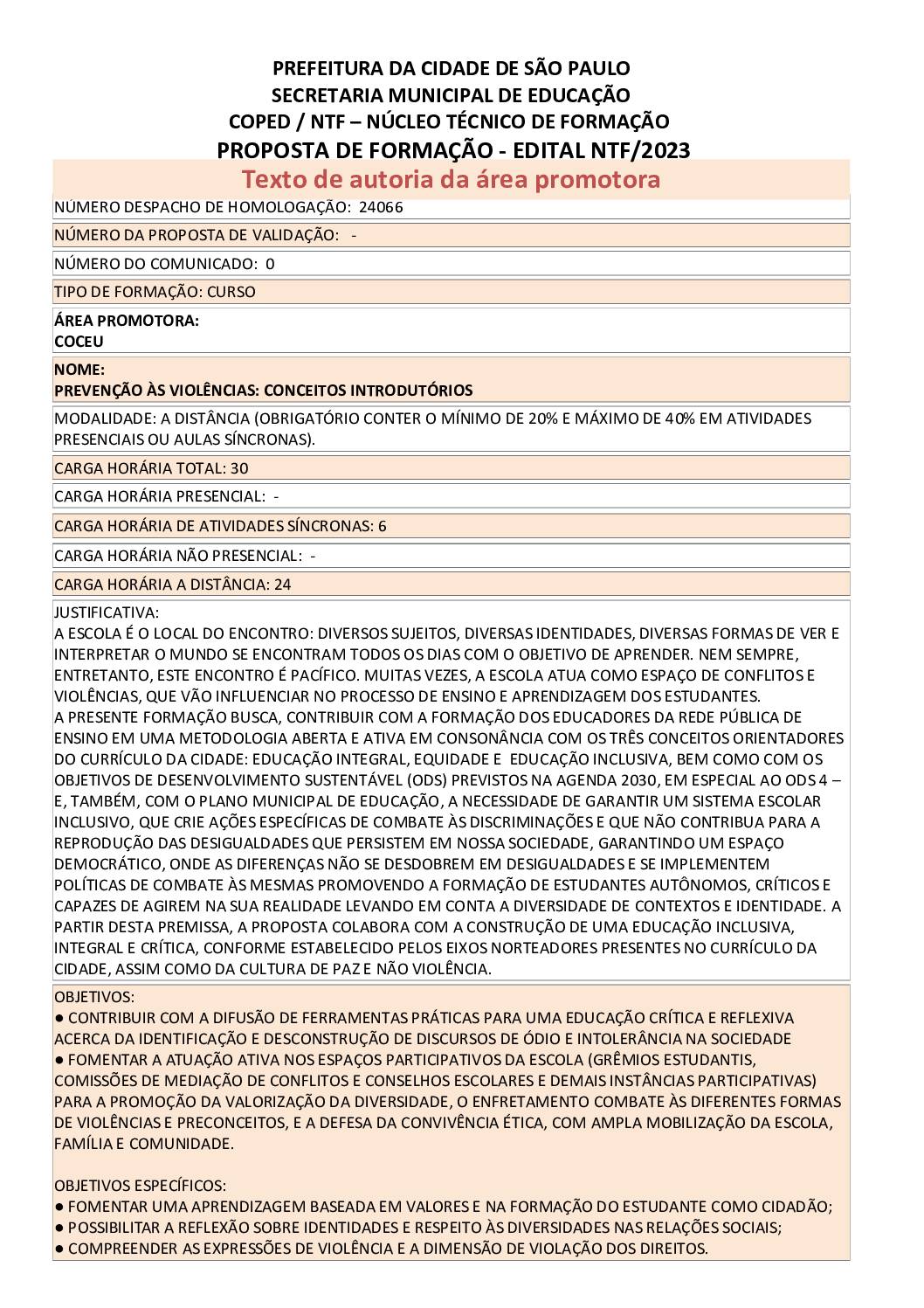 Proposta Formativa Homologada pela SME