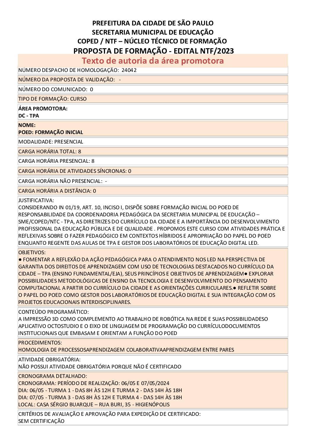 Proposta Formativa Homologada pela SME.