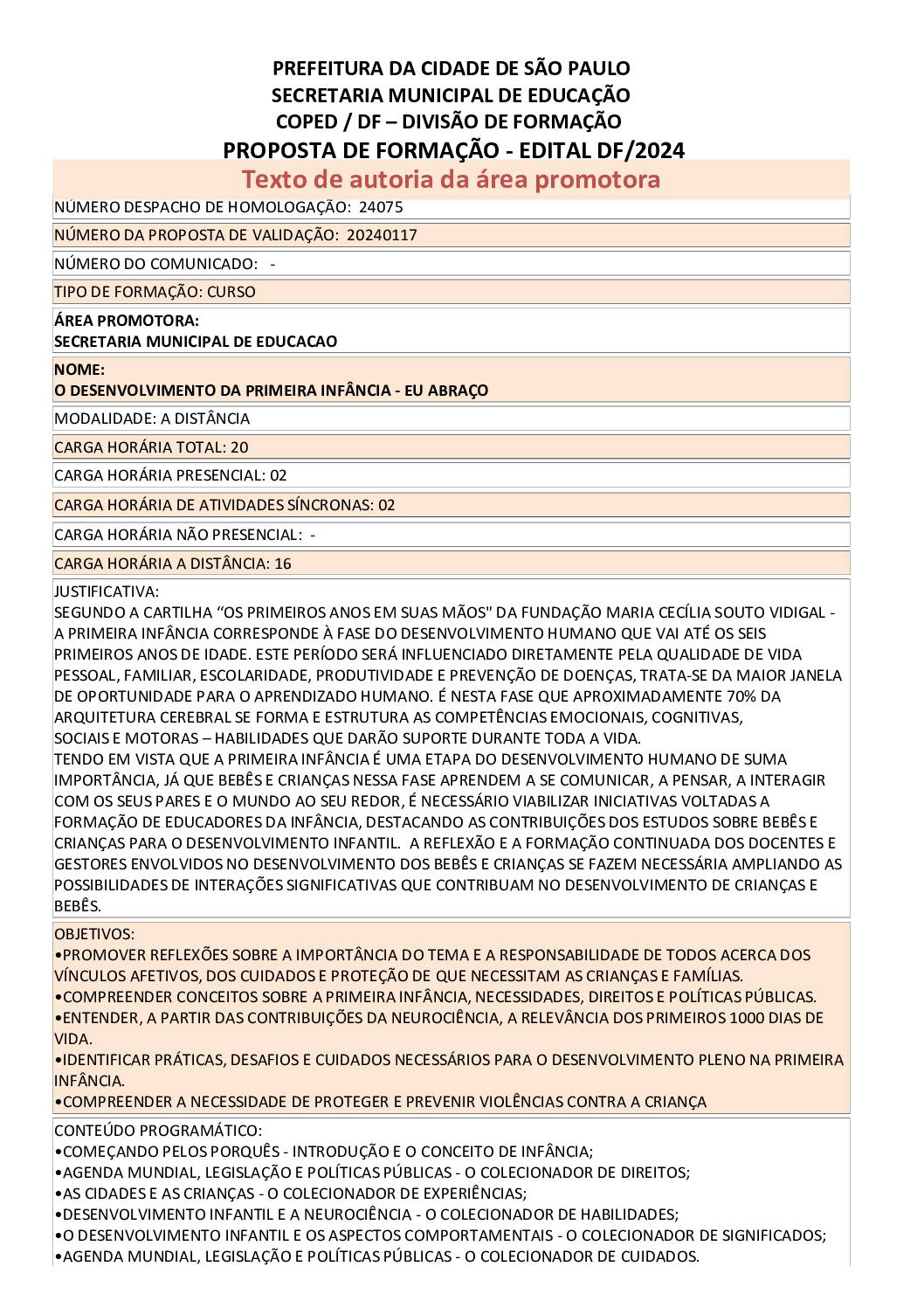 Proposta Formativa Homologada pela SME.