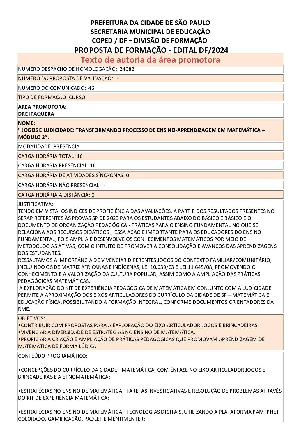 PROPOSTA FORMATIVA HOMOLOGADA PELA SME.