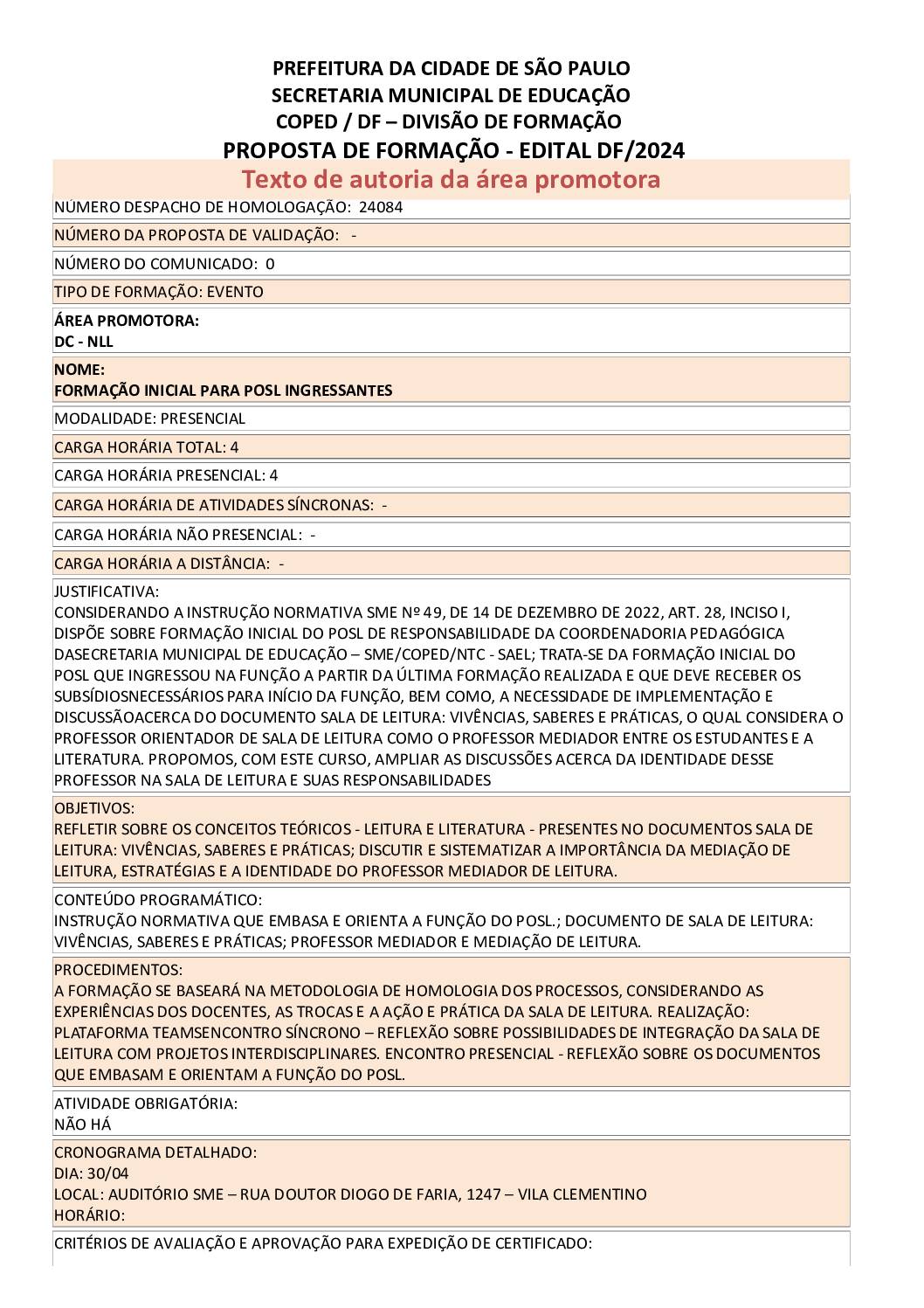Proposta Formativa Homologada pela SME