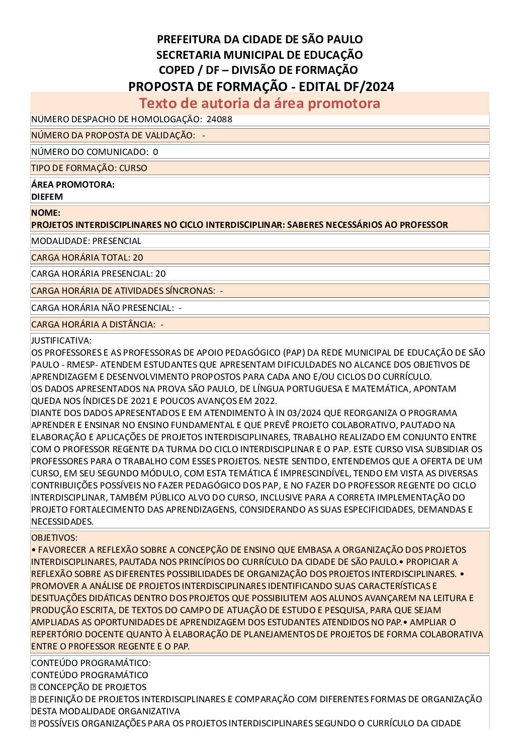 PROPOSTA FORMATIVA HOMOLOGADA PELA SME.