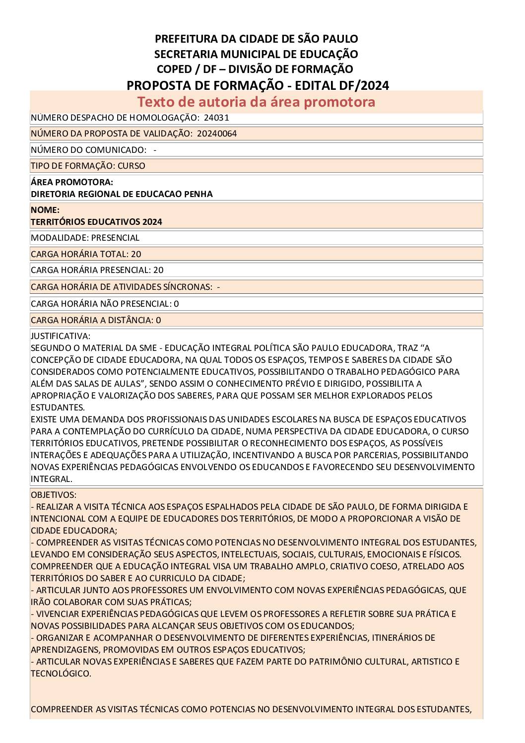 PROPOSTA FORMATIVA HOMOLOGADA PELA SME.
