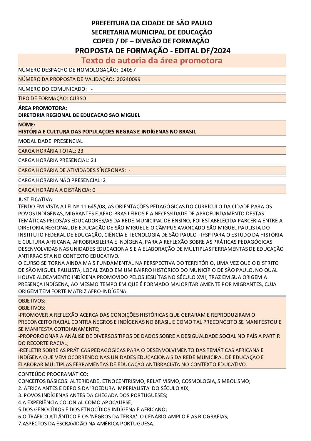 PROPOSTA FORMATIVA HOMOLOGADA PELA SME.